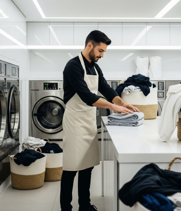 Laundromat Attendant Folding Clothes 600X600