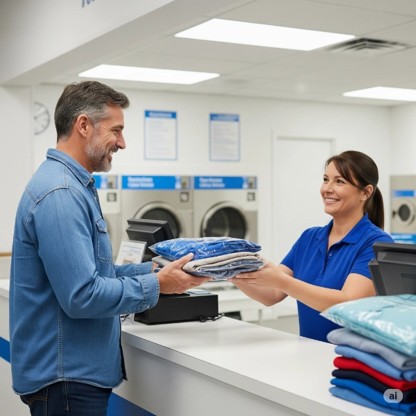 Man In Denim Shirt Picking Up Laundry At The Wash And Fold 600X600