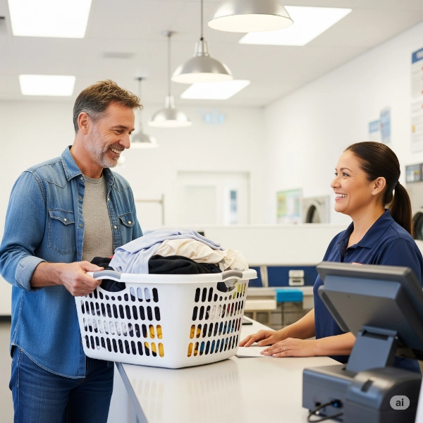 Man In Denim Shirt Dropping Laundry At The Wash And Fold 600X600